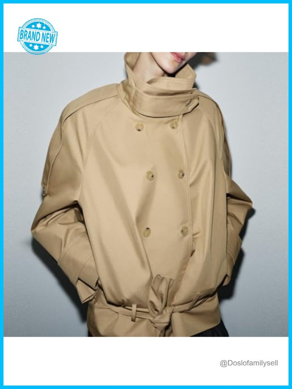 Cropped Trench Coat Women Funnel Neck Double Breasted Belted Fall Spring Jacket - Picture 4 of 6